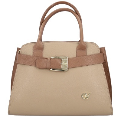 Mala de mão bege e castanha com fivela e logo dourados