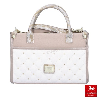 Mala de senhora bege e branca com alças marmoreadas e tachas douradas