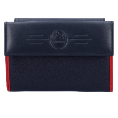 Carteira azul escuro com detalhes vermelhos e logótipo Cavalinho gravado na aba