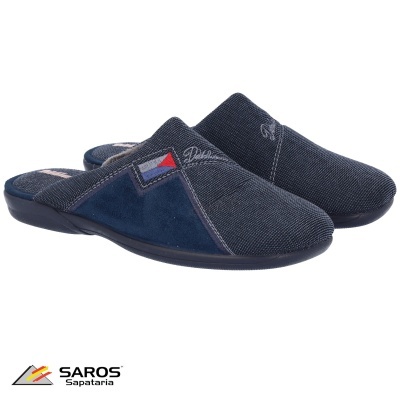 Chinelos masculinos azuis escuros com patch bordado e sola preta