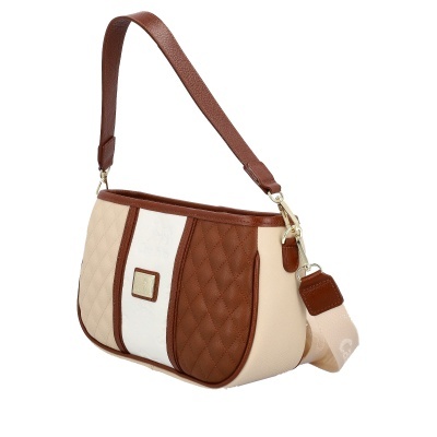 Mala de ombro castanha e bege com alça e detalhes matelassé