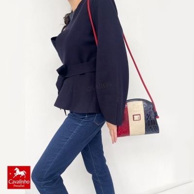 Mala de ombro tricolor Cavalinho com padrão pele de réptil e alça vermelha