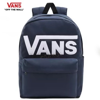 Mochila azul escura VANS com logo branco e bolso frontal com fecho