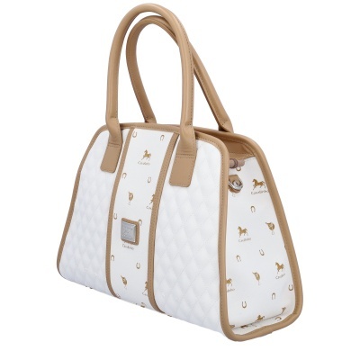 Mala de mão branca com padrão de cavalos e ferraduras e detalhes castanhos claros