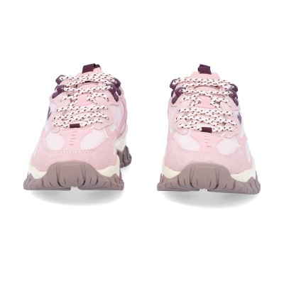 Sapatilhas desportivas cor de rosa vista da frente com sola grossa castanha