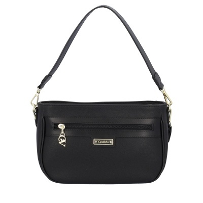 Mala preta tipo saco com alça e placa com a palavra CAVALINHO.