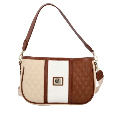 Mala de ombro tricolor em tons castanho, bege e branco com placa metálica Cavalinho