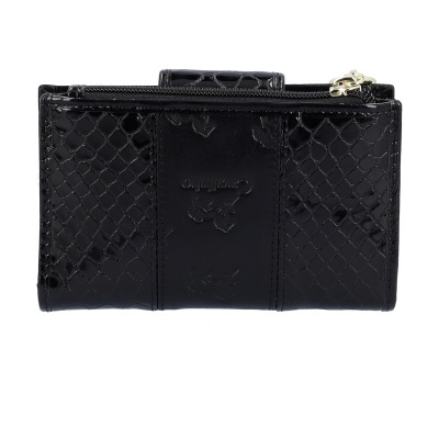 Carteira preta verniz com padrão pele de cobra e fecho zip dourado