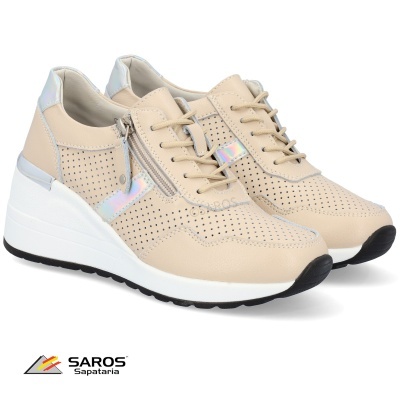 Sapatilhas femininas bege com atacadores e fecho lateral, sola branca