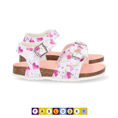 Sandálias infantis florais com corações e fivelas metálicas, sola de cortiça