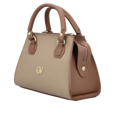 Mala de mão bege e castanha com alças curtas e logótipo CV dourado