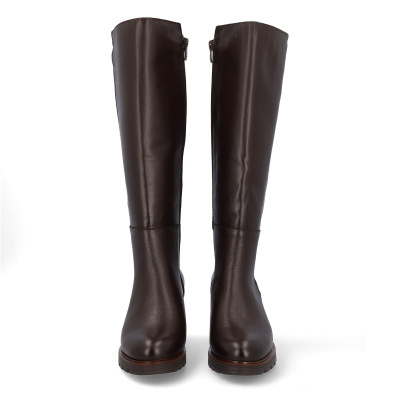 Botas altas femininas de couro castanho escuro com fecho lateral