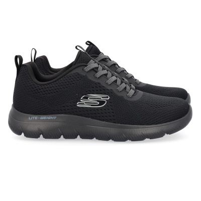 Sapatilhas pretas Skechers com atacadores cinzentos e sola preta