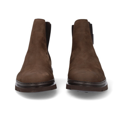 Botas Chelsea castanhas em camurça com sola escura e elástico preto