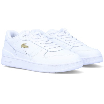 Ténis desportivos brancos Lacoste em pele com logo dourado do crocodilo