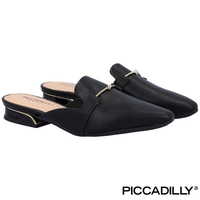 Mules femininos pretos com salto baixo dourado e detalhe metálico