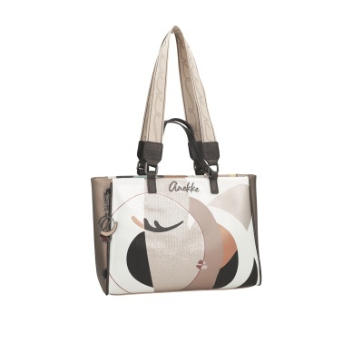 Mala de ombro Anekke castanha e bege com padrão abstrato e alças largas