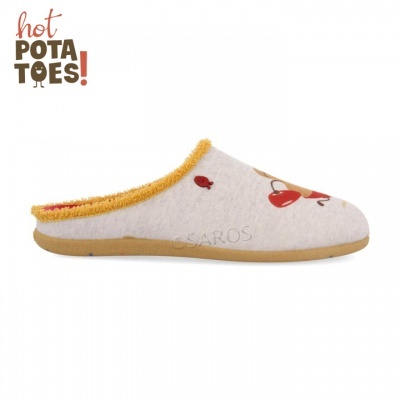 Chinelo mule bege com sola castanha e estampas vermelhas e castanhas