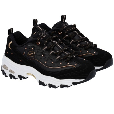 Sapatilhas pretas Skechers D'Lites com sola branca e detalhes castanhos