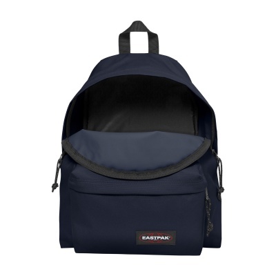 Mochila azul escura EASTPAK com bolso frontal e compartimento principal aberto