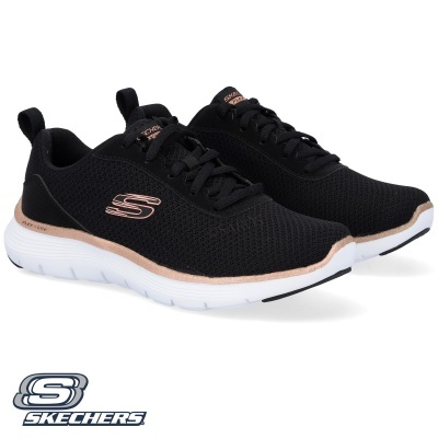 Ténis Skechers pretos com detalhes rosa dourado e sola branca