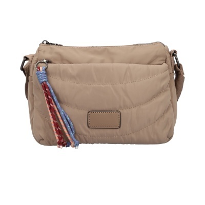 Mala tiracolo bege acolchoada com franja em tecido colorido