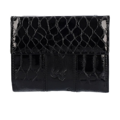 Carteira preta de couro verniz com padrão pele de crocodilo e fecho de aba