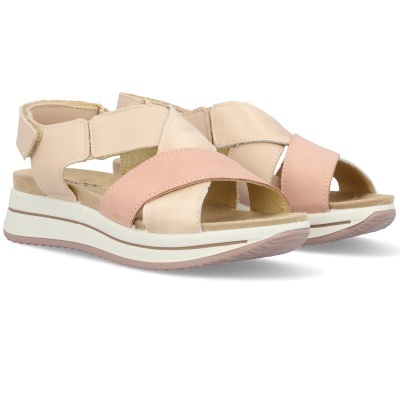 Sandálias femininas bege e rosa com fecho de velcro e sola branca