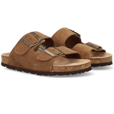 Sandálias castanhas com fivelas metálicas e sola de cortiça