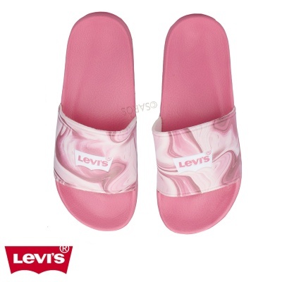 Chinelos de dedo rosa com padrão marmoreado branco e rosa e logotipo Levi's