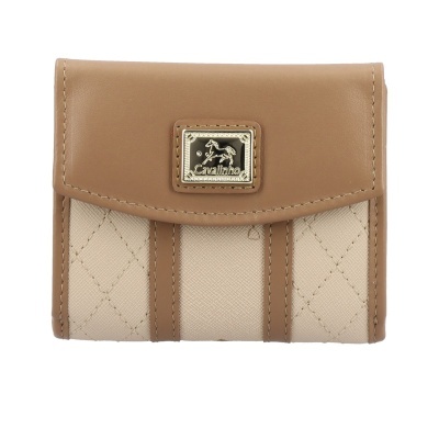 Carteira pequena Cavalinho bege e castanha com placa metálica e padrão acolchoado