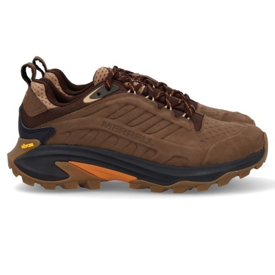 Ténis de caminhada castanhos da Merrell com sola preta e detalhes laranja