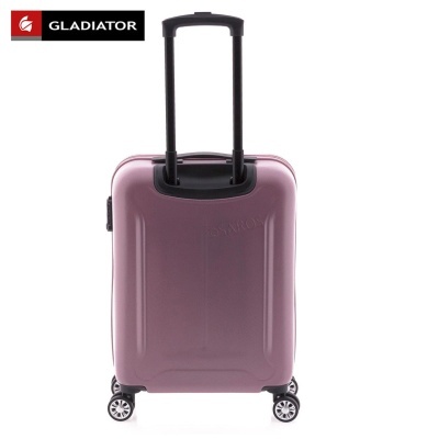 Mala de viagem rígida cor rosa com quatro rodas e puxador retrátil preto