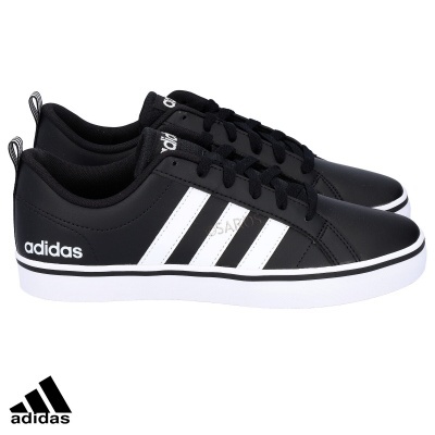 Ténis pretos Adidas com riscas brancas e sola branca