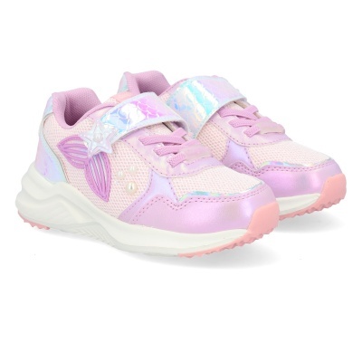 Sapatilhas infantis rosa claro com detalhes holográficos e fecho de velcro