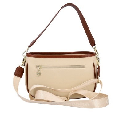 Mala bege com detalhes castanhos e alças ajustáveis