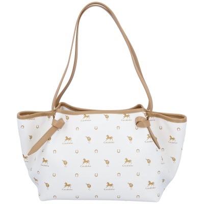 Mala branca com padrão de cavalos e ferraduras em bege e alças bege