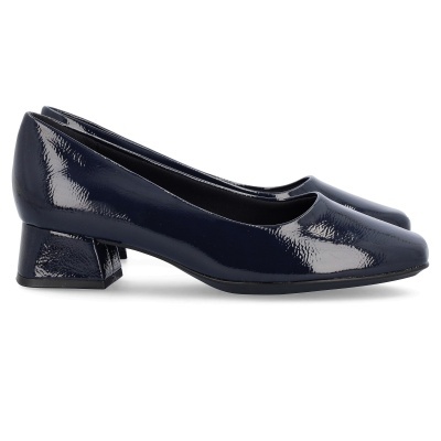 Sapatos de senhora em verniz azul escuro com salto quadrado baixo
