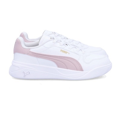 Ténis desportivos brancos com detalhes cor-de-rosa e logo PUMA dourado