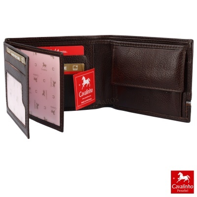 Carteira masculina em pele castanha com múltiplos compartimentos e logo Cavalinho