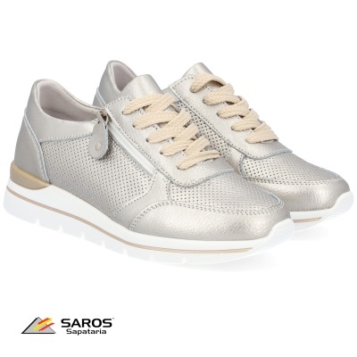 Sapatilhas prateadas com atacadores bege e fecho lateral, sola branca.