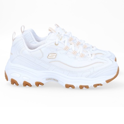 Sapatilhas brancas Skechers com detalhes bege e sola castanha
