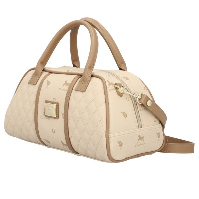 Mala de mão bege com alças castanhas e padrão de cavalos e ferraduras