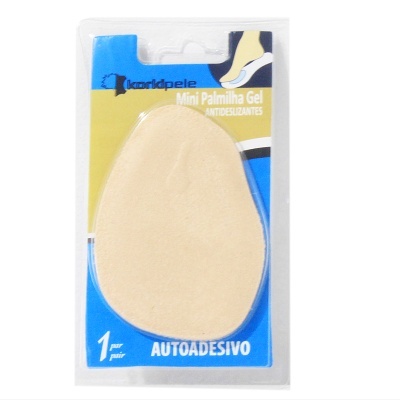 Palminha gel autoadesiva bege em embalagem azul e amarela.
