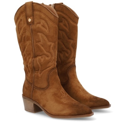 Botas cowboy castanhas em camurça com bordados e salto médio