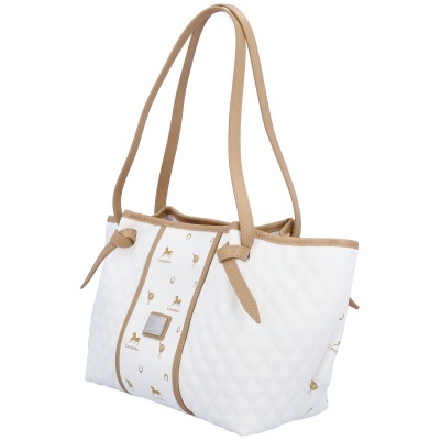 Mala branca com detalhes e alças bege e estampas douradas Cavalinho