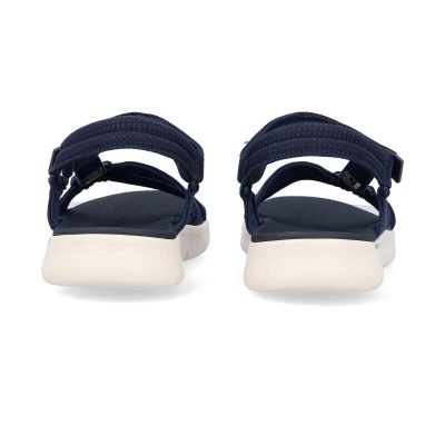 Sandálias azuis com sola branca, vista traseira