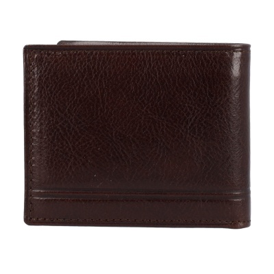 Carteira masculina de couro castanho escuro com textura granulada e linhas horizontais em relevo