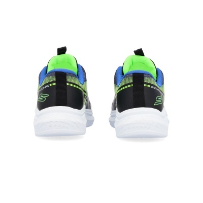 Ténis desportivos Skechers vistos de trás, com cores branca, preta, verde neon e azul