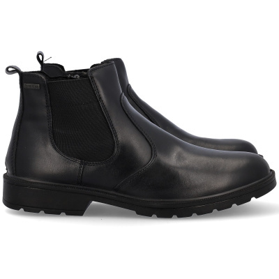Botas pretas de couro com painel elástico preto e sola preta.